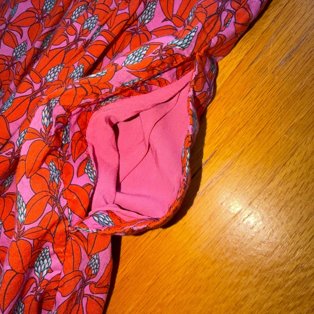 Trovata Birds of Paradis Red Pink Floral Cotton Puff Sleeve Mini Dress S Cottage - Picture 4 of 9